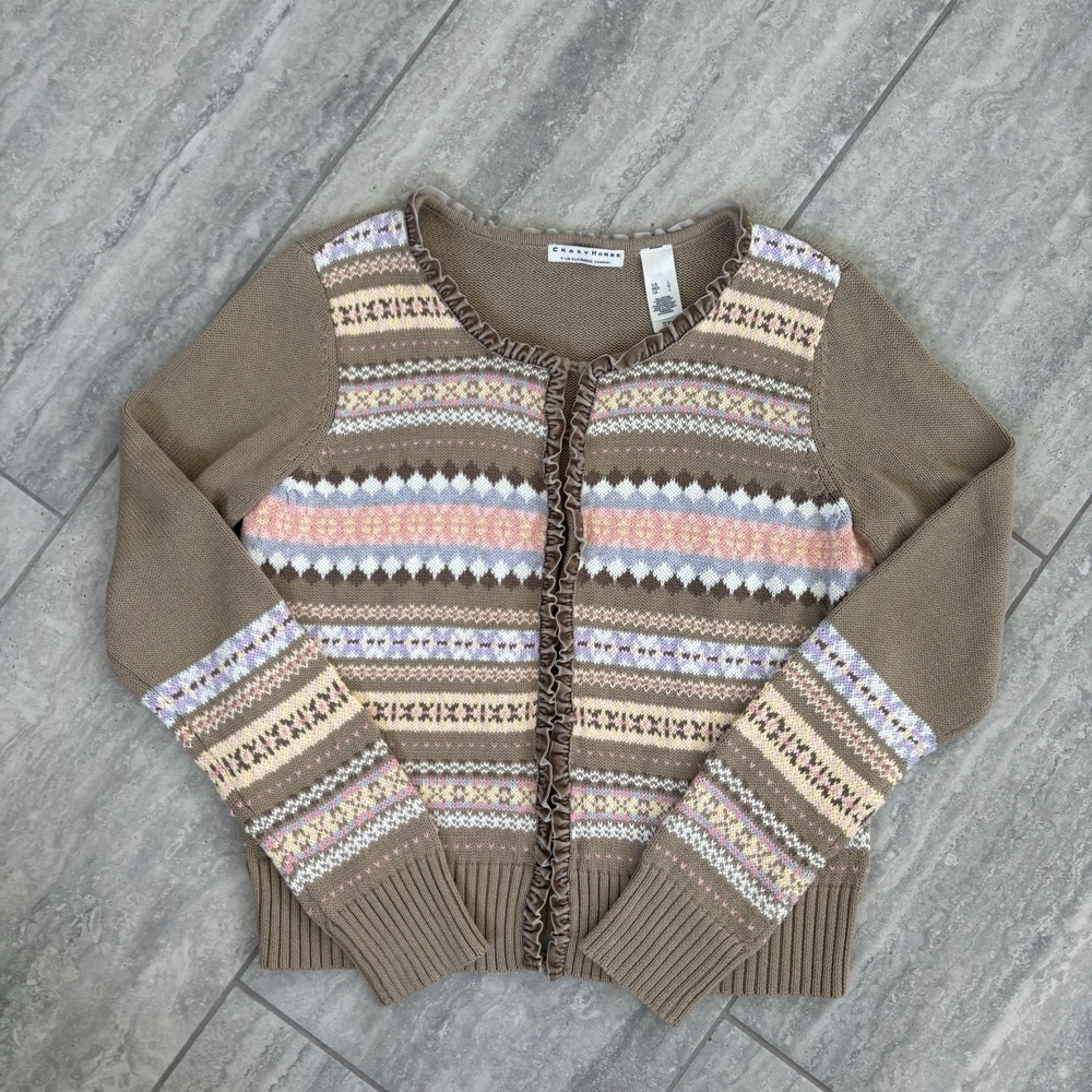 Vintage Crazy Horse Brown Knit Fair Isle Ruffle Trim Cardigan L Cottagecore Y2K